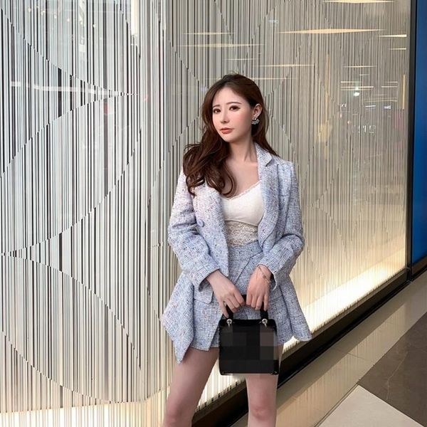 

women's tracksuits qualities boy friend vintage womens tweed 2pcs outfits double breasted lapel asymmetrical blazer high waist chic hem, Gray