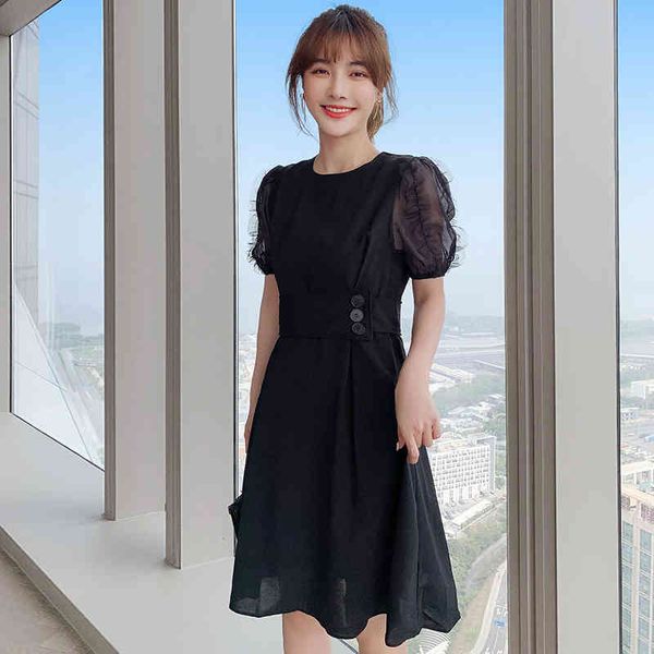 

llzacoosh summer women black simple formal ruffles puff sleeve patchwork o neck button slim ol a line knee-length dresses 210514, Black;gray