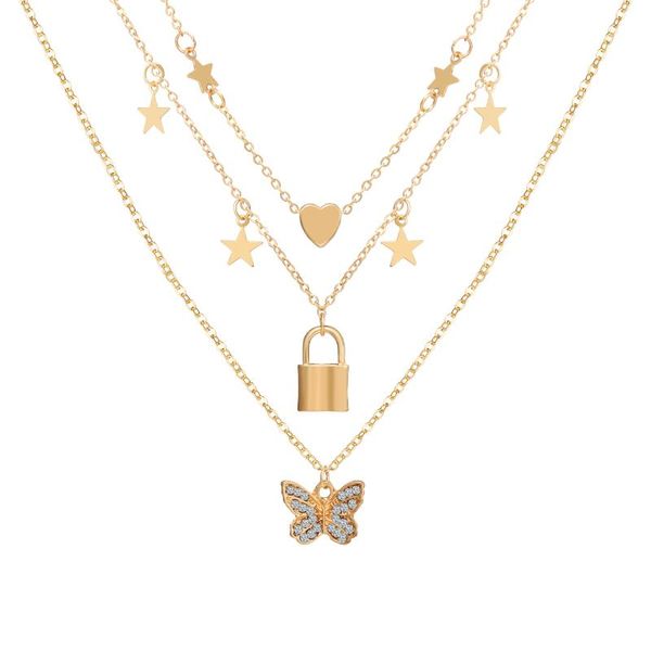 

pendant necklaces s2297 fashion jewelry multi-layer necklace metallic heart stars loket butterfly chocker, Silver