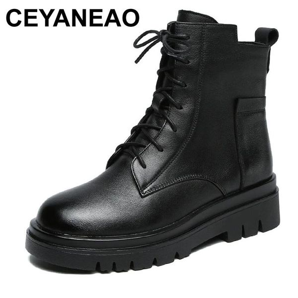 

boots ceyaneao classic black women 100% genuine leather wedges platform ankle winter warm motorcycle