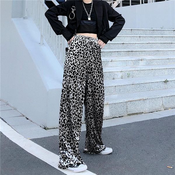 

harajuku high waist leopard womens capri print wide leg loose fashion trousers club elastic streetwear, Black;white