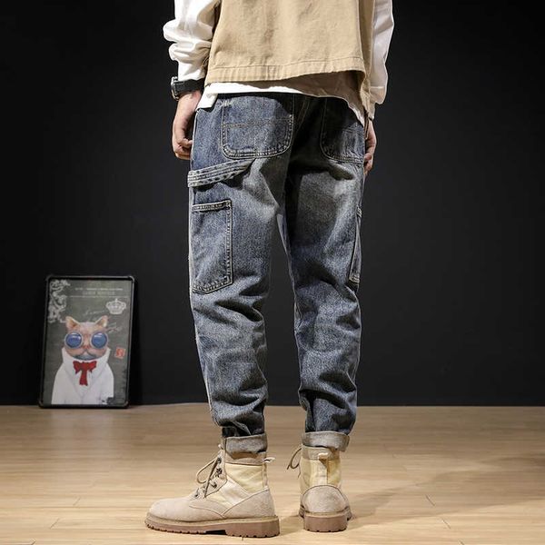 

men's jeans streetwear fashion retro blue loose fit casual denim cargo pants hip hop wide leg harem for ci26