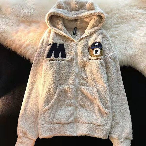 

women's jackets cartoon embroidery zipper cardigan oversized jacket women long sleeve streetwear casual wool coat winter fashion 2021, Black;brown