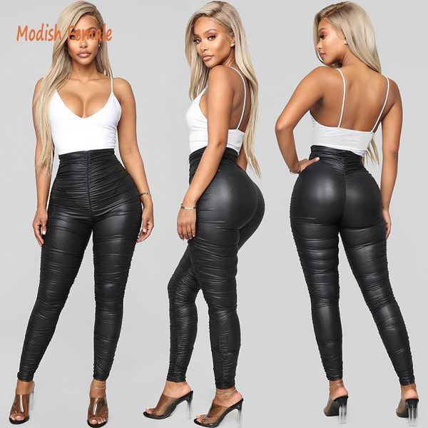 

modish female design solid black pleated high waist streetwear evening party club bottoms night women pu leather pants women's & capris, Black;white