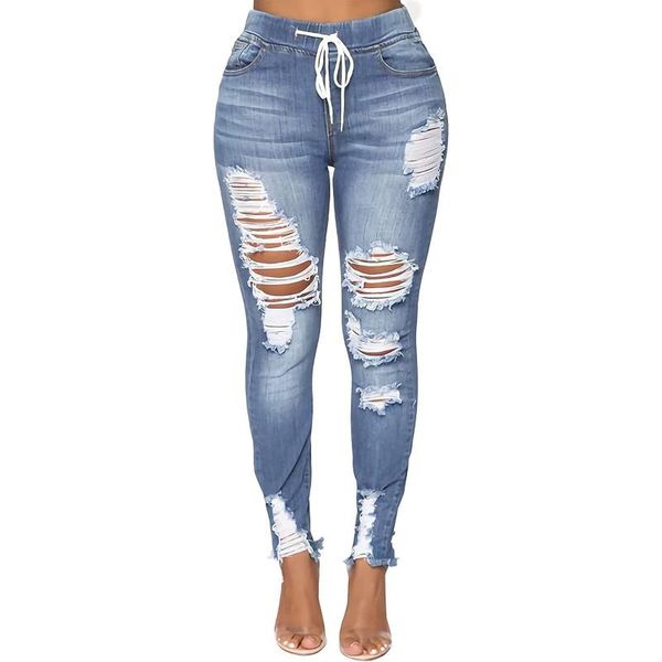

women's jeans y2k woman high waist stretch ripped tight-fitting hip all-match drawstring elastic band pantalon pour femme, Blue