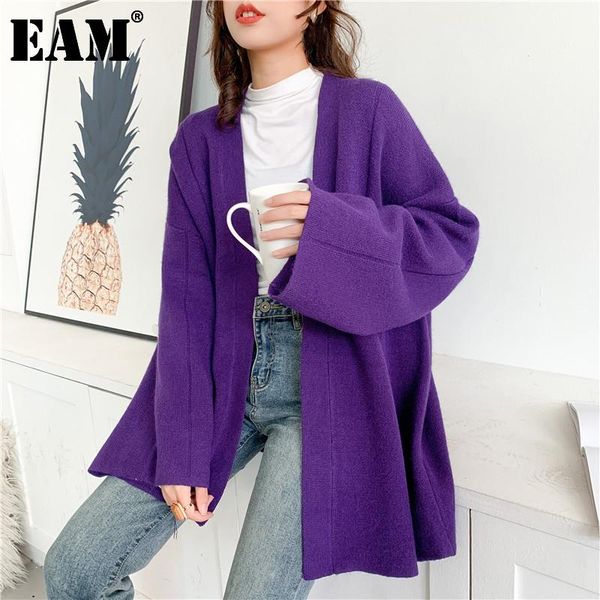 

women's knits & tees [eam] purple big size knitting cardigan sweater loose fit v-neck long sleeve women fashion tide autumn winter 2021, White
