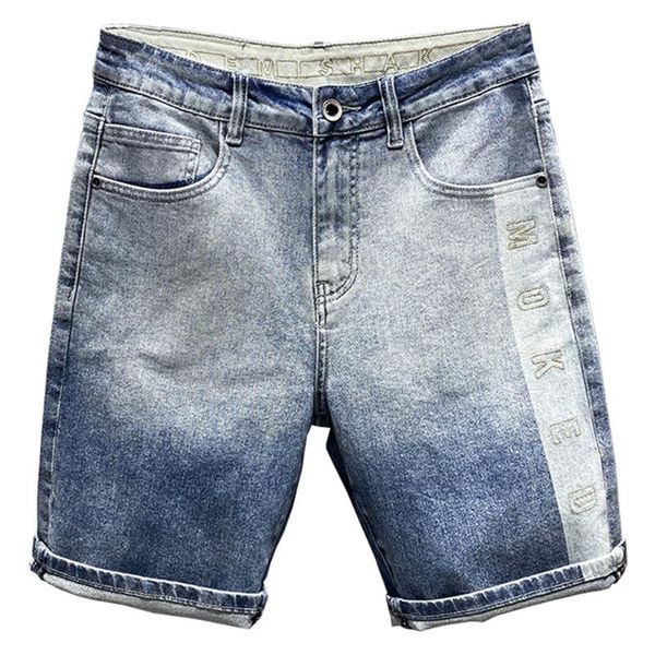 

men's jeans summer letters embroidery denim shorts casual gradient color light blue loose knee length breeches