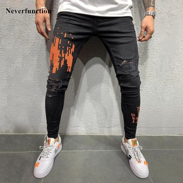 

jeans men hip hop ripped printed biker skinny streetwear man knee holes distressed motorcycle joggers stretch denim trousers, Blue