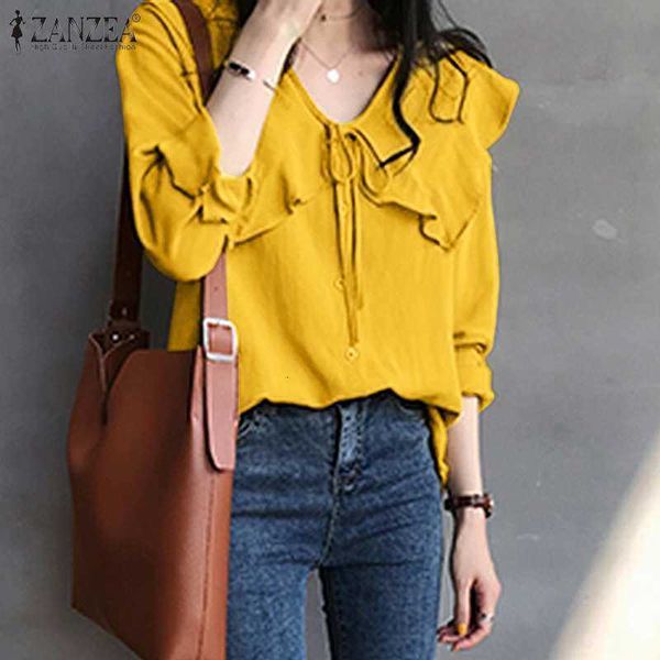 

women's blouses & shirts blouses women ruffle blouse spring office lady bandage casual solid lapel collar tunic female loose blusa plu, White