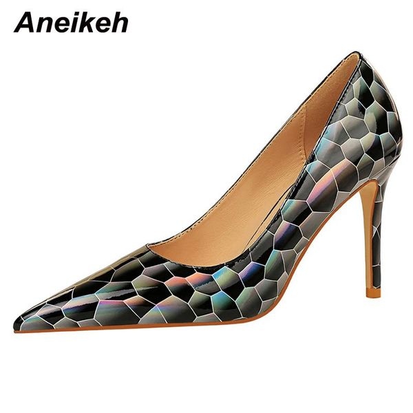 

dress shoes aneikeh fashion pu geometry camouflage bling women pumps 2021 spring pointed toe thin heels non-slip party slip-on size34-43, Black