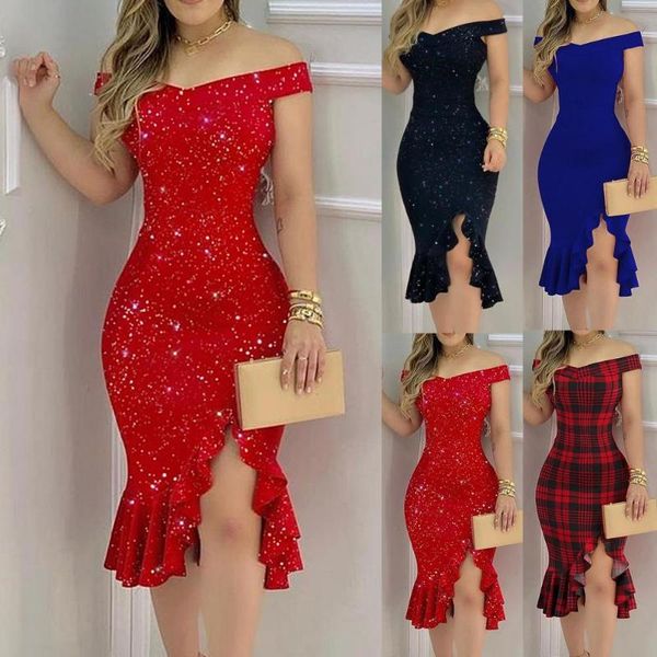 

casual dresses lady dress women off shoulder split ruffle solid color plaid bodycon knee-length fashion 2021, Black;gray