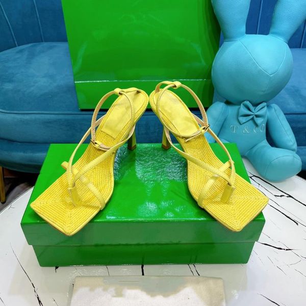 

sandals elastic woven one-word flip-flop women's 2022 summer style square toe high heels stiletto shoes, Black