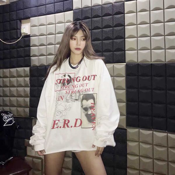 

erd high street melancholy rich second generation long sleeve rose dance woman like letter po make old t-shirt loose tide y3am, Black