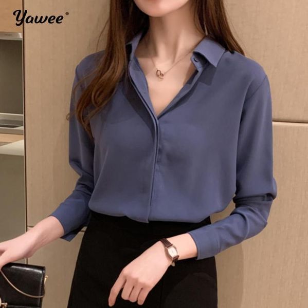 

women's blouses & shirts 2021 autumn korean 2xl loose long sleeve blue white women office lady solid fashion blusas