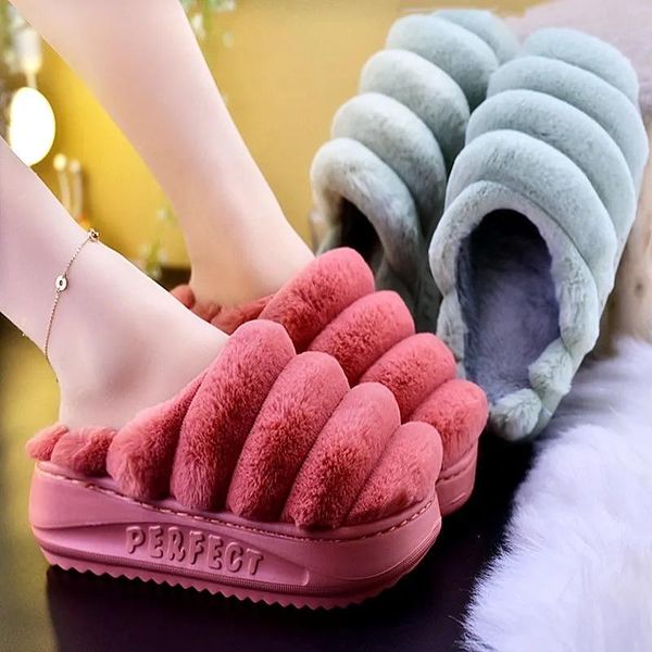 

slippers platform ladies floor plush shoes kroean fashion flannle slides fur women indoor winter, Black