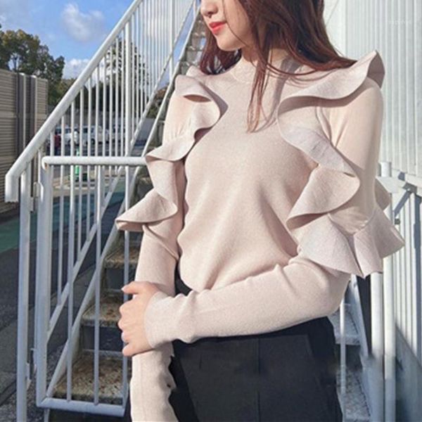 

women's sweaters o neck pullover long sleeve knitting sweater women ruffles patchwork slim fit femme autumn 2021, White;black