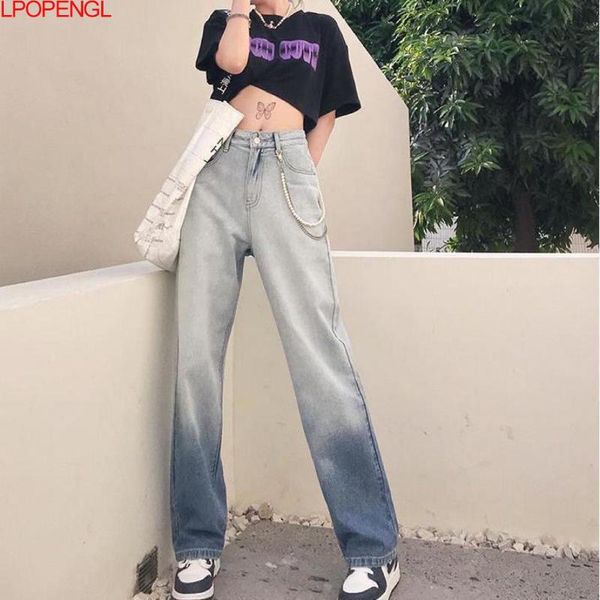 

spring ladies retro jeans 2021 casual long straight fringed pants high waist street style cotton material large size women's, Blue