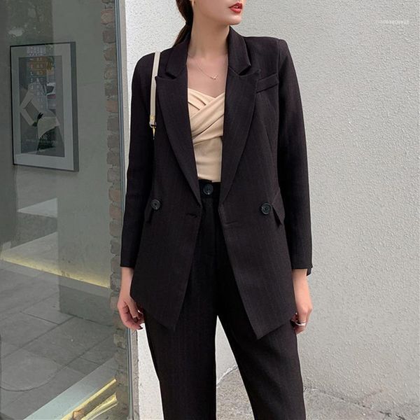 Abiti da donna Blazer Abbigliamento da ufficio Blazer da donna a righe Manica lunga Pantalone doppio petto Set 2021 Abito a due pezzi primavera Donna1