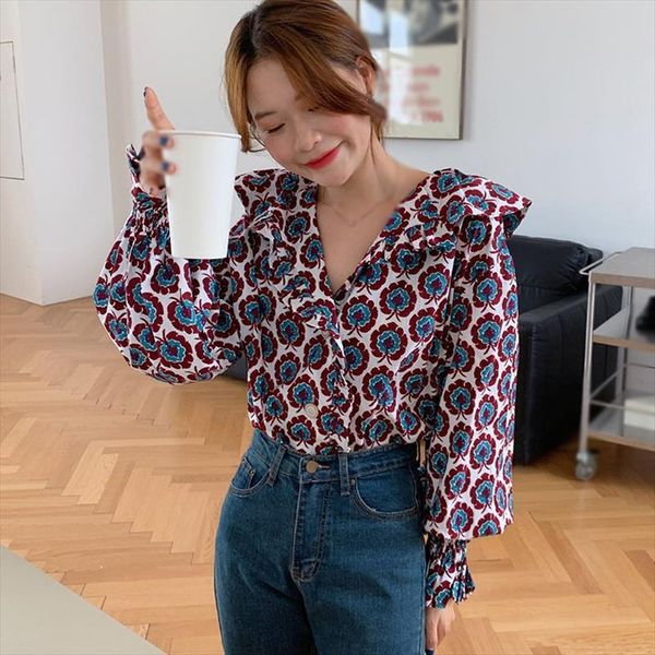 

peter pan collar fashion women shirts single breasted loose sweet floral print long sleeve chiffon blouse, White