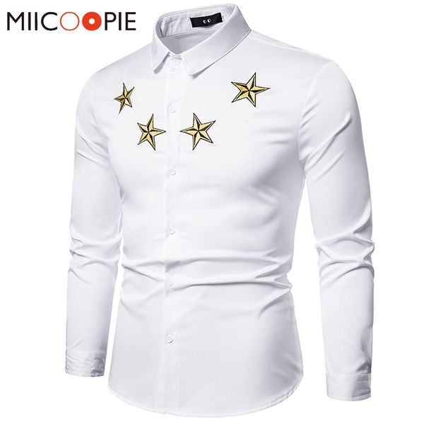 

dress shirt men korean 2020 brand casual star embroidery long sleeve slim fit business social black white shirts for men, White;black