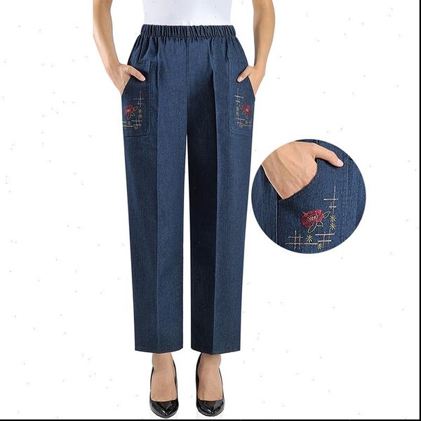 

elderly women jean womens jeans spring autumn embroidery elastic high waist mother cowboy pants loose large size grandma trousers 1415, Blue