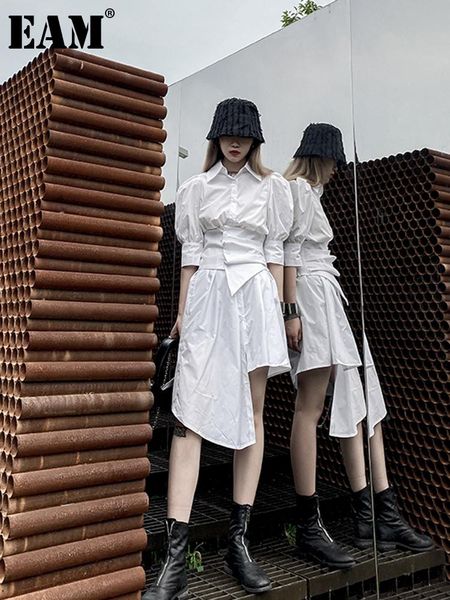 

casual dresses [eam] women white irregular belt shirt dress lapel three-quarter sleeve loose fit fashion tide spring summer 2021 1de1217, Black;gray