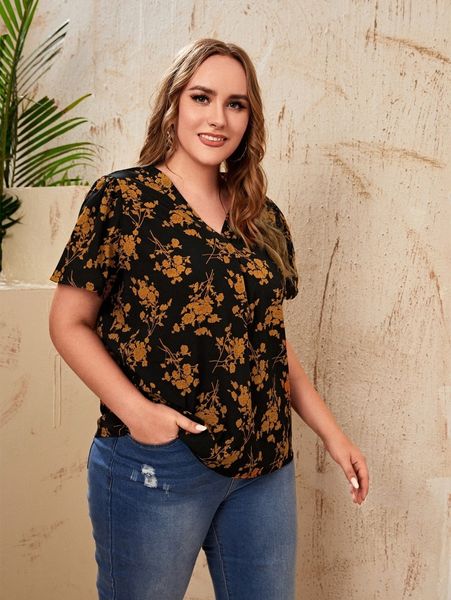 

plus floral print v-neck pleated e2ik#, Black