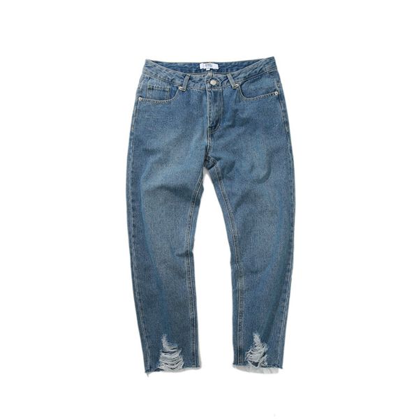 

men's jeans fashion spring autumn streetwear distressed hole boy pure color wild jeans korean slim feet pants youth tapered isvz, Blue