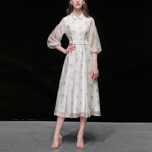 

casual dresses white pink chiffon long women summer fashion elegant turn-down collar floral dress big lantern sleeve sweet swing, Black;gray