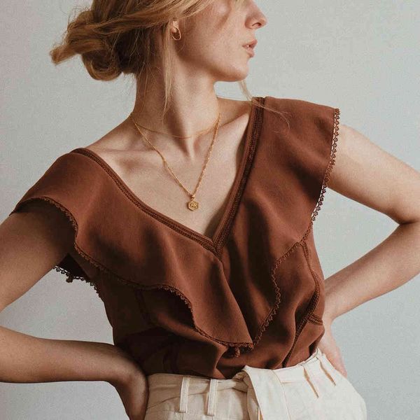 

blouses lace ruffles women deep v neck backless sleeveless blouses summer vintage chic retro shirts casual elegant unsg, White