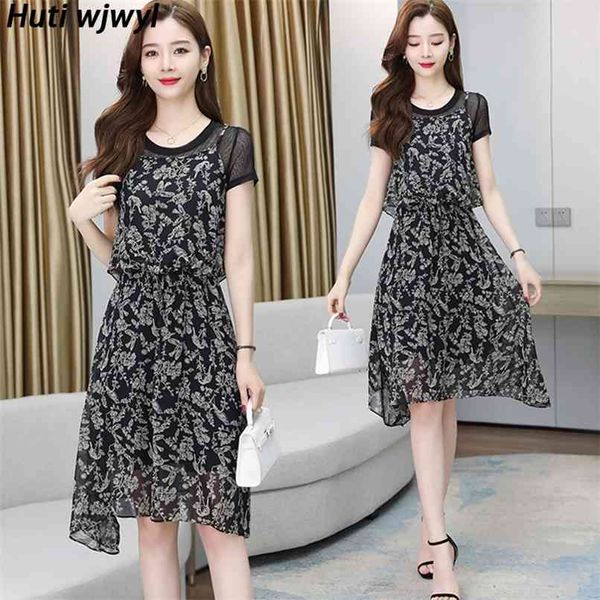 

women casual beach dress korean elegant party black midi vestido spring summer vintage floral chiffon bodycon sundress 210528, Black;gray