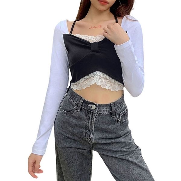 

women t-shirt lace stitching contrast color patchwork spring autumn slim fit long sleeve exposed navel clothing 210522, White