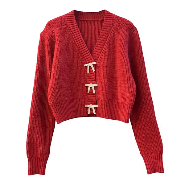 

women red white black solid sweater knitted long sleeve v neck single-breasted cardigans bow diamond m0466 210514