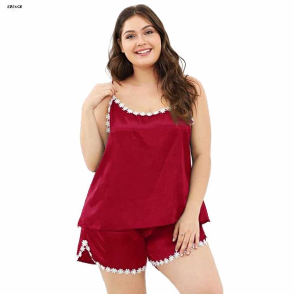 

factory girl supply v neck solid sleepwear femme summer sleeveless shorts loungewear women plus size satin silk pajama set, Black;red