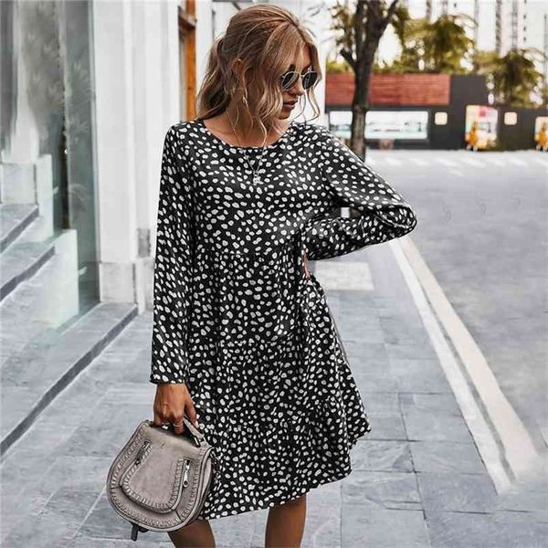 

autumn winter temperament print dres casual button a line loose knee length for fashion 210701, Black;gray
