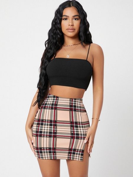 

petite crop cami and split hem tartan skirt set w9hm#, White