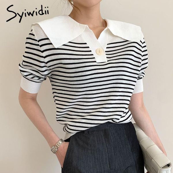 

syiwidii striped t-shirts women puff sleeve short button sailor collar casual clothes summer 2021 korean tees shirts women's t-shirt, White