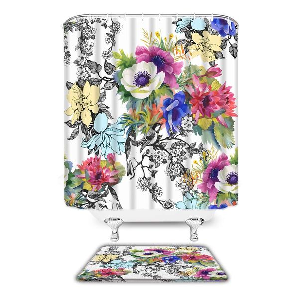 

flowers bloom wildflowers shower curtain sets with non-slip bath mat camellia lotus watercolor sketch bird flower vine spring