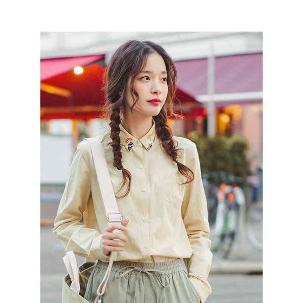 

blouses spring autumn 100%cotton pretty embroidery turn down collar all matched solid literary women blouse 25yy, White