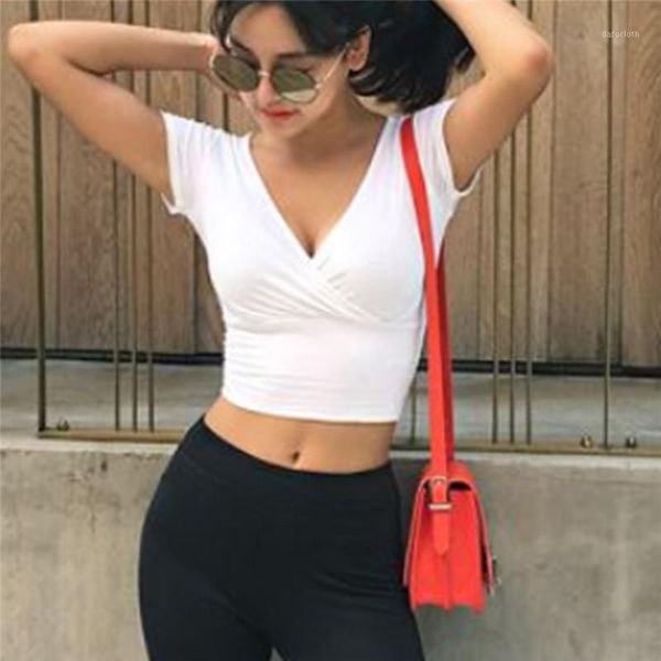 

women's t-shirt deep v-neck ladies 2021 solid color wild retro short fashion tight, White