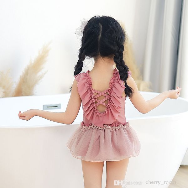 

2022 children one-piece swimsuit baby girl lace ruffle princess beach swimwear kids backless tulle tutu bathing suit s2033, Black