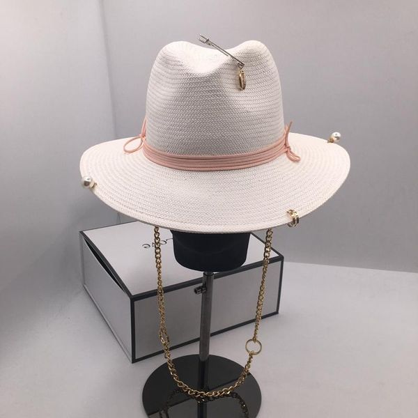 

arrival straw hat for women with chains shells pearls white panama sun in summer wide brim hats, Blue;gray
