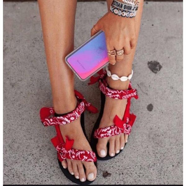 

sandals women flat bandana shoes summer outdoor beach open toe cute bowknot casual hook loop ladies plus size, Black