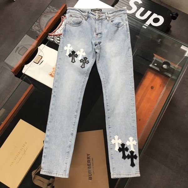 

Hearts French Chrome Cross Sheepskin Black Embroidered Silver Button Straight Jeans, Blue