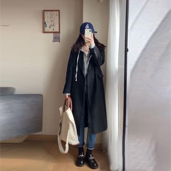 

women's wool & blends women black double breasted wide-waist korean style office lady all-match simple vintage winter female coat trend