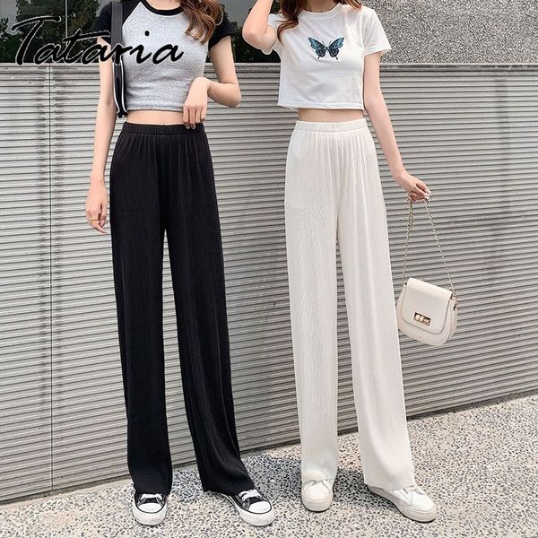 

slacks women's loose summer pants soft ice silk ankle-length black wide leg grey khaki women elastic high waisted trousers 210514, Black;white