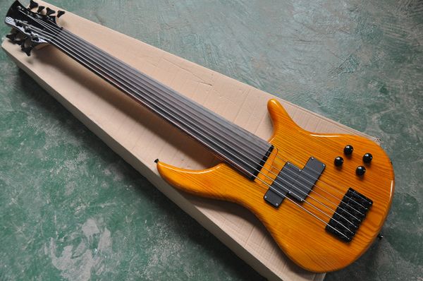 7-saitige E-Bassgitarre mit honigfarbenem Eschenkorpus, schwarzer Hardware, Palisandergriffbrett, ohne Bünde, individuelles Angebot