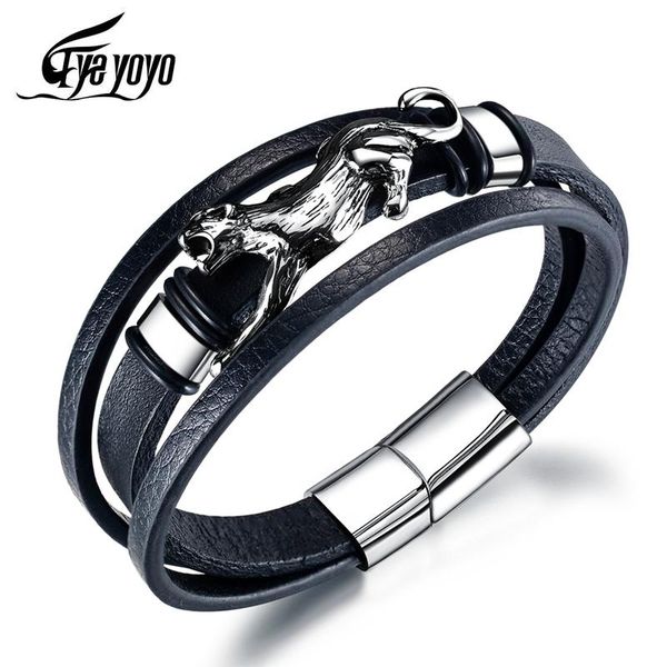 

eyeyoyo vintage titanium steel men's multi-layer pu bracelet magnetic buckle stainless leopard animal leather link, chain, Black