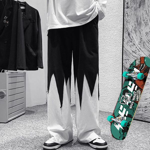 

men's pants elastic black two-color stitched wide leg casual and women's american hip-hop skateboarding