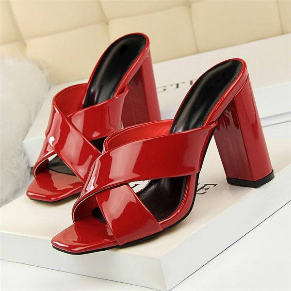 

slippers 2021 novelty summer women purple nude square toe slides 9.5cm thick high heels comfortable elegant woman party shoes, Black